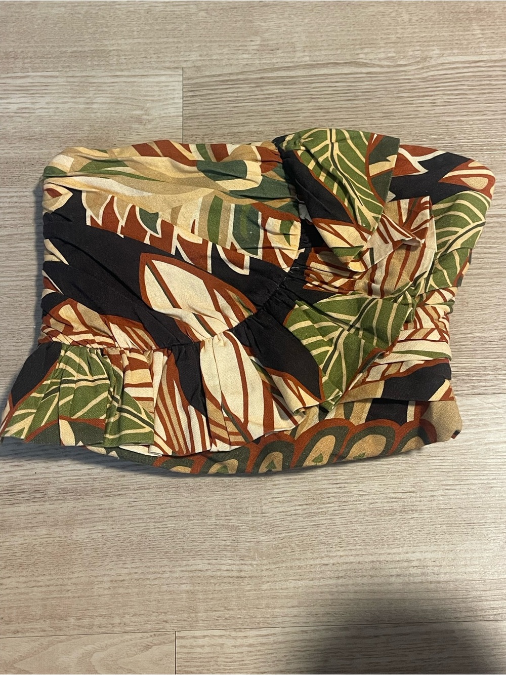 Zara Multicolored Linen Blend Printed Ruffled Strapless Top. Size XS.
